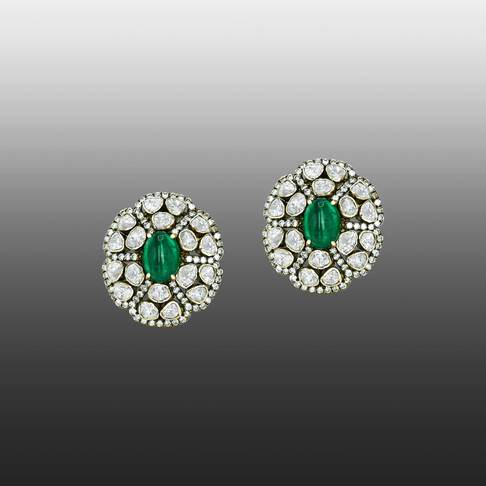 Emerald-Centered Polki Stud Antique Earrings with Floral Diamond Halo